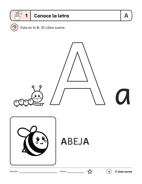 La misma página del Libro 1 en la versión en mayúsculas: Conoce la letra A