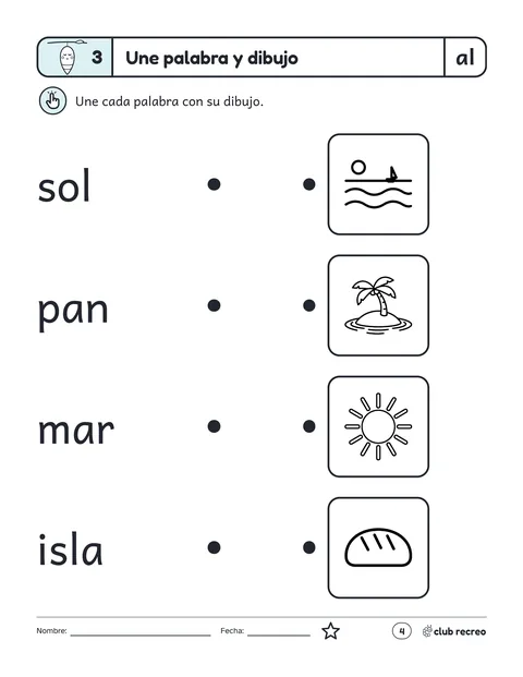 Unir cada palabra con su dibujo: sol, pan, mar e isla