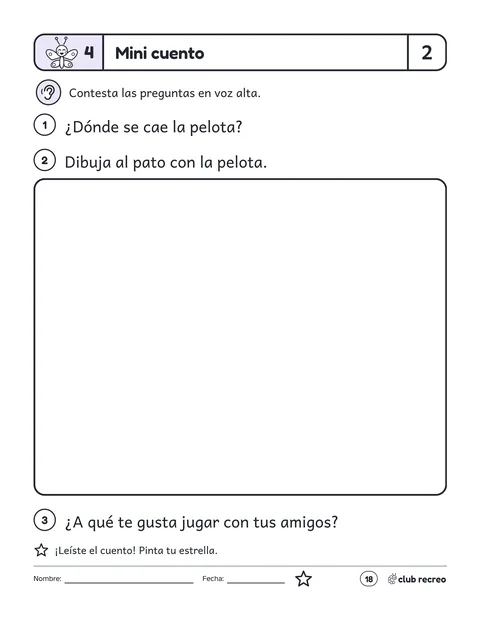Preguntas del cuento: dónde se cae la pelota, un recuadro para dibujar y qué te gusta jugar
